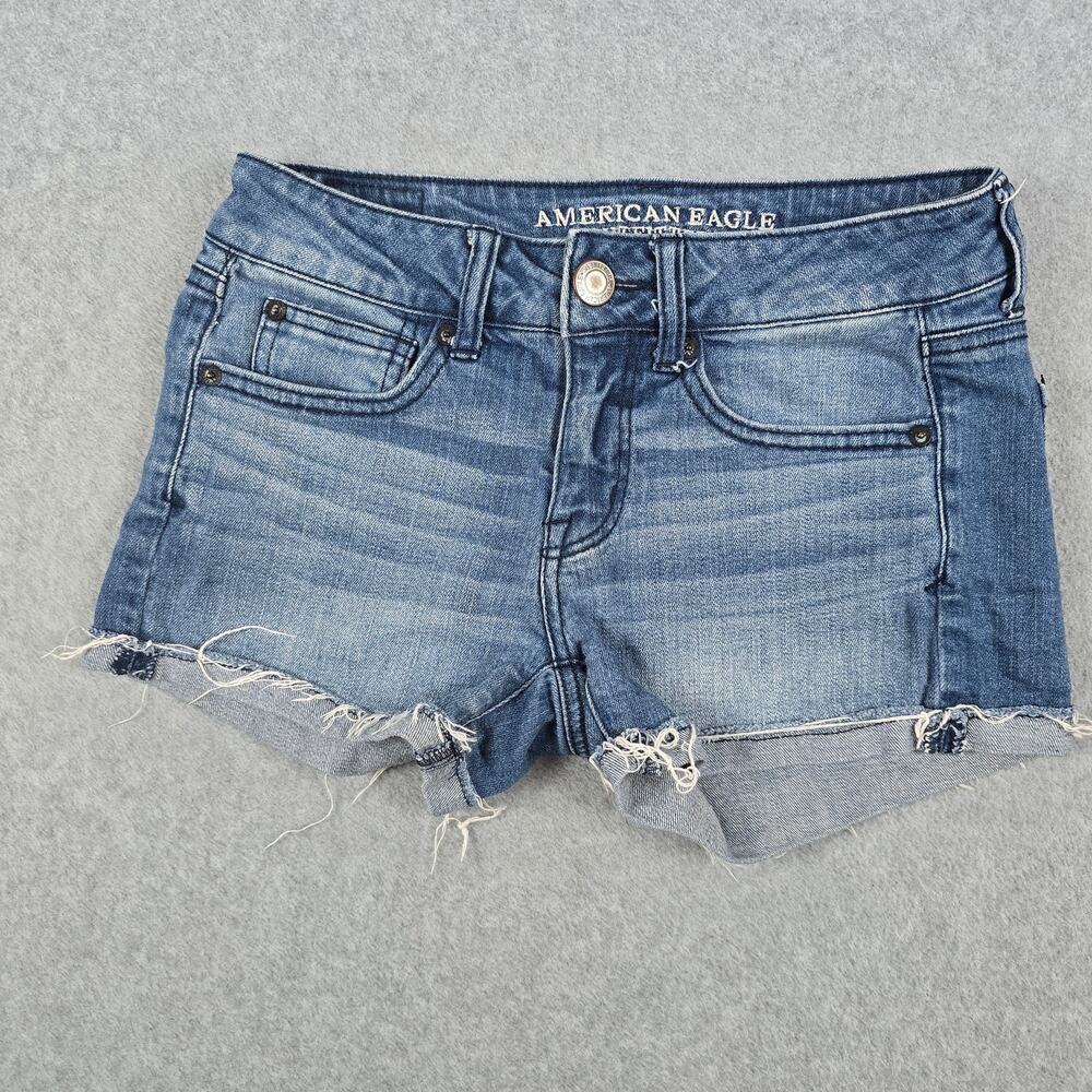 American Eagle Size 2 Shortie Denim Cutoff Shorts Blue Low Rise Frayed Hem
